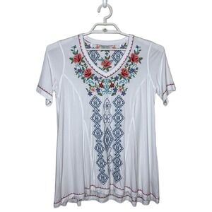 John Mark Tunic Top Women's S‎ Embroidered Floral V Neck Flowy Stretch Boho